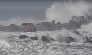 Pickup Truck Driver Gets Stranded On Jetty In Front of Pacific Ocean