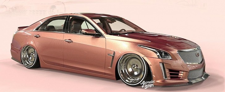 Slammed Cadillac CTS-V goes for white wall tires and Persian Sand color in rendering
