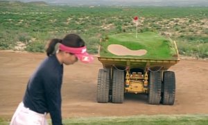 Playing Golf on a Moving Course Carried by Heavy Trucks Makes the Game Interesting
