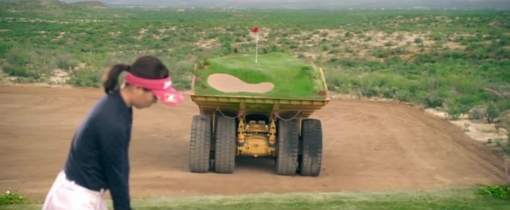 Playing Golf on a Moving Course Carried by Heavy Trucks Make the Game Interesting