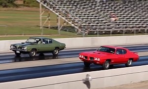 Pontiac GTO Takes on Plymouth Cuda in Pure Stock Muscle Car Drag Race