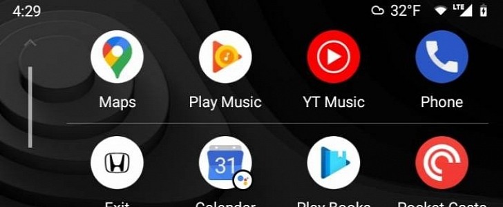 Android Auto home screen with weather info in the status bar