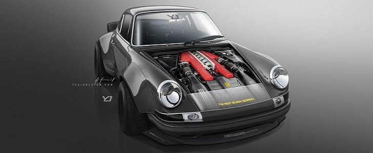 Porsche 911 Gets Front-Mounted Ferrari V12 Engine: render