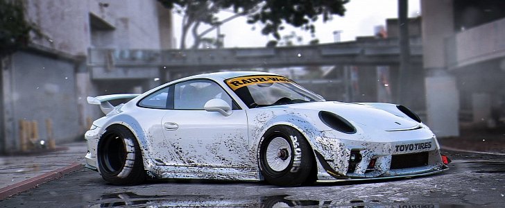 Porsche 911 GT3 RWB drift machine rendering