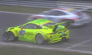 Porsche 911 GT3 R Racecar Driver Ignores Nurburgring Crash, Spins Back into Race