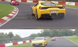Porsche 911 GT3 RS Fights Ferrari 458 Speciale on Nurburgring, Megane RS Drivers Follow