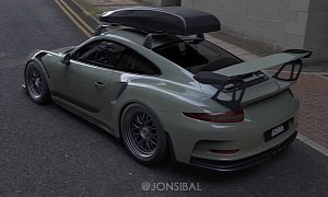 Porsche 911 GT3 RS with Carbon Fiber Roof Box Rendered as Flat-Sane Daily Driver