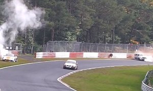Porsche 911 Nurburgring Fluid Spill Sends Mini into Guardrail in Racing Crash