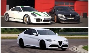 Porsche 911 R vs. BMW M4 GTS Track Fight Drift-Disturbed by Alfa Romeo Giulia Q