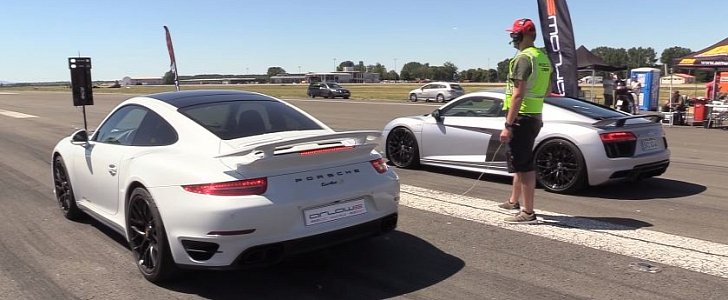 Porsche 911 Turbo S Drag Races Audi R8 V10 Plus