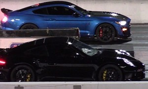 Porsche 911 Turbo S Drag Races Ford Shelby Mustang GT500, Both Run Nines