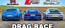 Porsche 911 Turbo S v Nissan GT-R v Audi R8 Drag Race Ends in Total Destruction