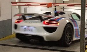 Porsche 918 in Martini Livery Drives Right Under a Parking Barrier in London
