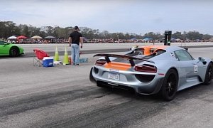 Porsche 918 Spyder vs. Blown Lamborghini Huracan Drag Race Needs a Photo Finish