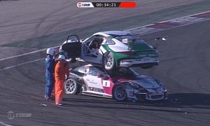 Porsche Carrera Cup Crash Shows 911s Cuddling on Top of Each Other like Kittens