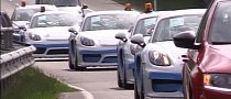 Porsche Cayman GT4 Clubsport Racecar Convoy Driving on the Street Looks Surreal