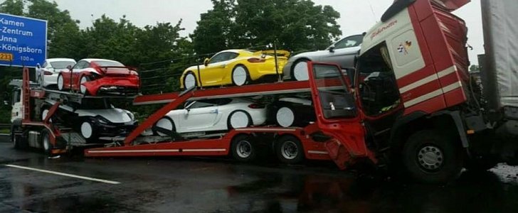 Porsche Cayman GT4 Delivery Truck Gets Rear-Ended in Germany