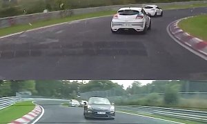 Porsche Cayman GT4 Plays with Three Megane RS Hot Hatches while Lapping the Nurburgring