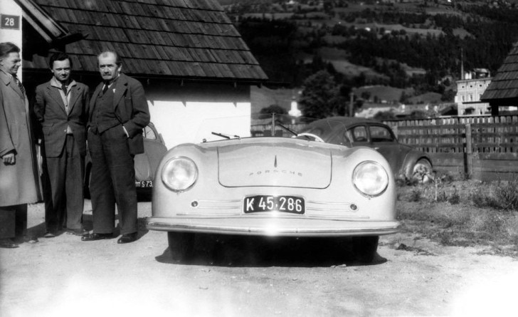 Porsche 356 Speedster with Erwin Komenda, Ferry Porsche, and Ferdinand Porsche (left to right)
