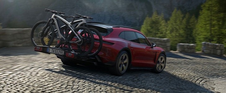 Porsche Taycan Cross Turismo carrying two e-bikes on its dedicated holder (factory option, cannot be retrofitted)