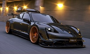 Porsche Taycan “GT3 Hyper Widebody” Seems in Love With Roof Box EV Road Trips