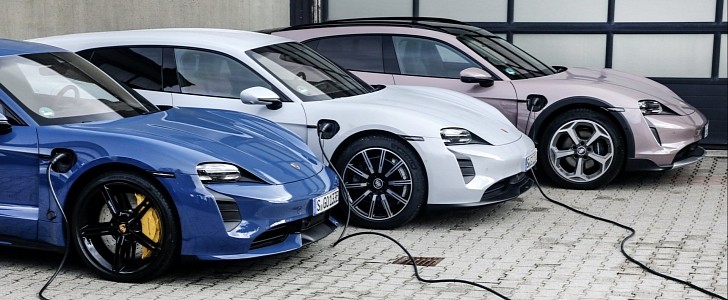 Porsche Taycan vehicles plugged in for charging