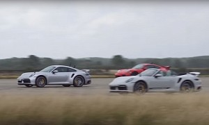 Porsche 992 Turbo S Coupe and Cabriolet Gang Up on 991.2 GT3 in Wet Drag Race