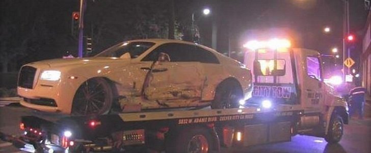 Post Malone's Rolls-Royce Wraith after it was T-boned by a Kia in California
