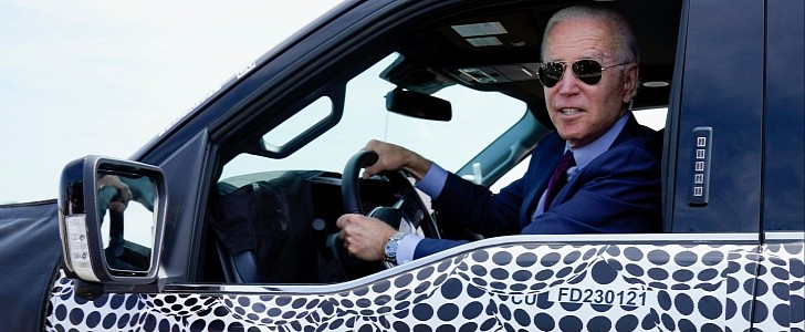 President Joe Biden at the wheel of the Ford F-150 Lightning electric pickup truck in Dearborn, Michigan