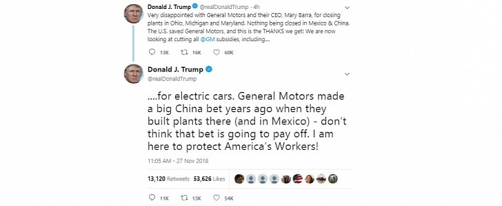 President Trump tweeting about General Motors layoffs