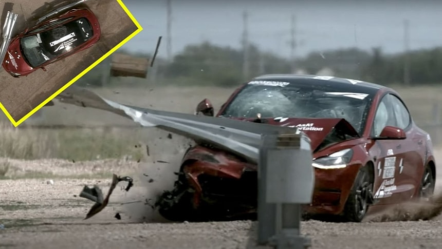 Tesla Model 3 Crashing into a Thrie-Beam Guardrail