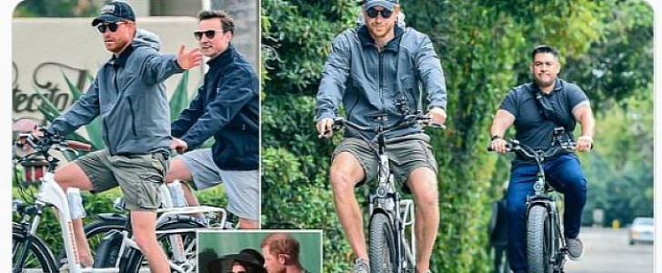 Prince Harry goes for a ride with a friend and security, on his RadCity Step-Thru