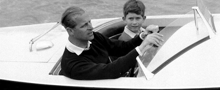 This famous picture shows the Duke and Prince Charles in the Albatross powerboat