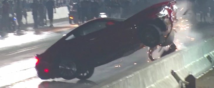 Procharged 2015 Mustang GT crashes during drag race