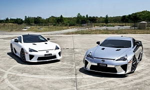 Pure White and Chrome Wrapped Lexus LFAs Posing Together