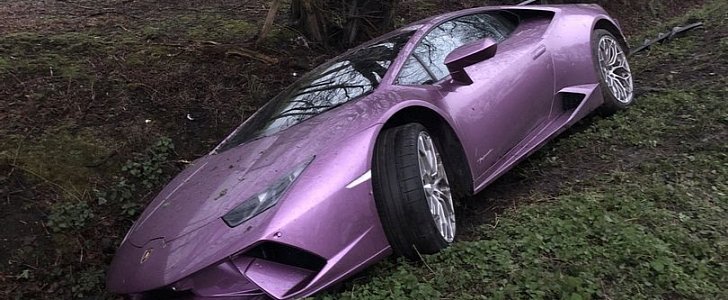 Lamborghini Huracan Performante abandoned in ditch on the side of a road near London