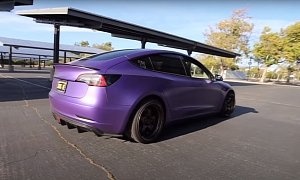 Purple Wrap Tesla Model 3 Makes V8 Rumble Sound, Still No Gases