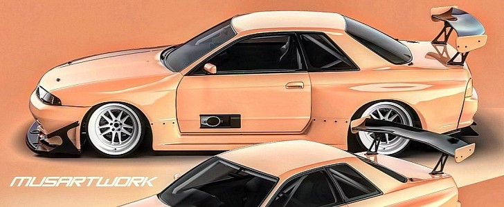 R32 Nissan Skyline GT-R Peaches slammed widebody rendering by musartwork