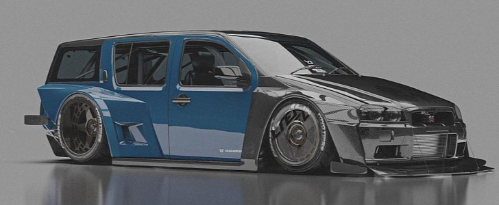 R34 Nissan Skyline GT-R Max is now a widebody station wagon render by yasiddesign on Instagram 