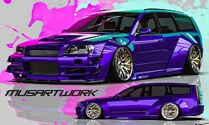 R34 Nissan GT-R With Stagea Wagon Body Turns Ultimate JDM Soccer Mom Bagged Car