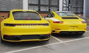 Racing Yellow 992 Porsche 911 Photographed Next to 911 Carrera T Looks Brilliant