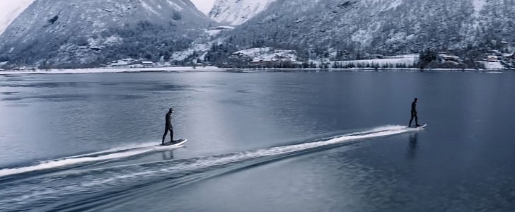 Radinn electric surfboards on half-frozen fjord in Norway 