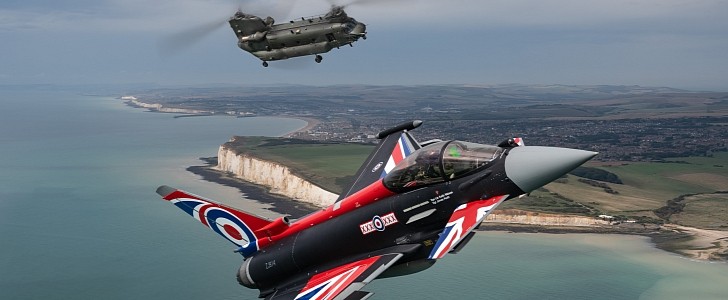 RAF's Typhoon and Chinook looked amazing training together over a historic landmark