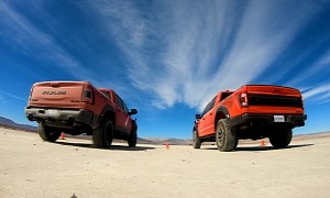 Ram 1500 TRX Drag Races Ford F-150 Raptor 37 on a Dry Lake Bed, Smackdown Ensues