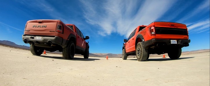 Ram 1500 TRX drag races Ford F-150 Raptor 37 on a dry lake bed