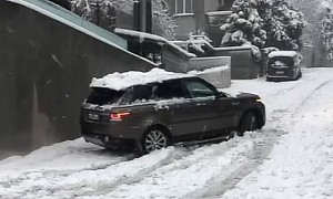 Range Rover Sport Allegedly on Snow Tires Fails To Climb Snowy Street, Is Driver To Blame?