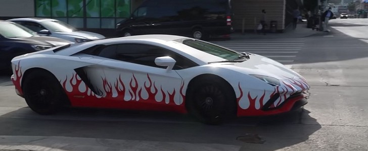 Rapper YG's Lamborghini Aventador got a new flame wrap for just a week, to promote his latest sports shoe