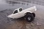 RC Toyota Hilux Pickup Truck Drives Under the Ice Crust of a Frozen Lake
