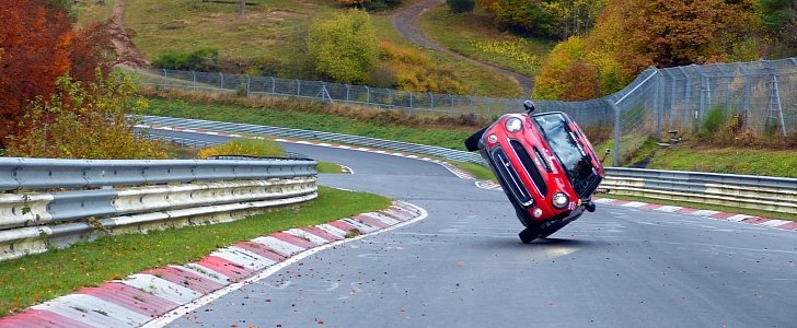 Testing phase of driving a MINI on two wheels on the Nurburgring