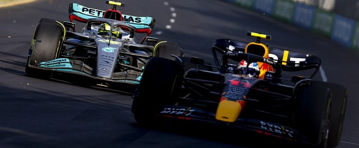 Mercedes-AMG F1 driver Lewis Hamilton fighting Red Bull's Sergio Perez in Melbourne, Australia